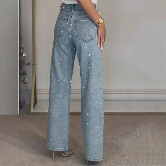 Jean droit pour femmes diamants pantalon Stretch taille haute lavé poches en détresse Vintage Denims Streetwear femme