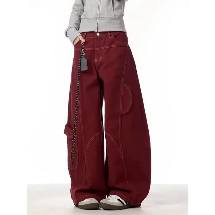 Jean femme rouge Vintage taille haute pantalon en Denim droit Y2K années 90 Hip hop américain Streetwear jambe large