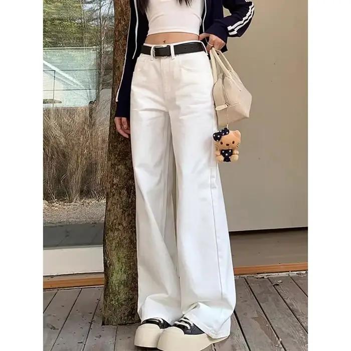 Jean blanc taille haute ZHIO pour femme – Nouveau pantalon en denim ample et droit