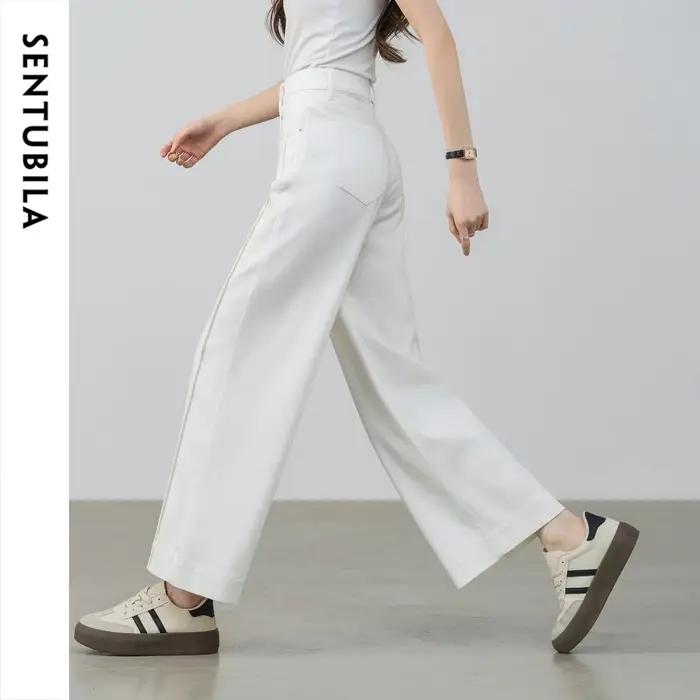 Jean blanc femme SENTUBILA 2026 – Pantalon droit taille haute chic et minimaliste pour le bureau – Collection été W62NA6696