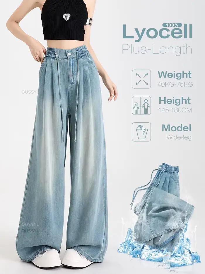 Été luxe doux confortable 100% Lyocell tissu femme jean ample jambe large taille élastique pantalon mode