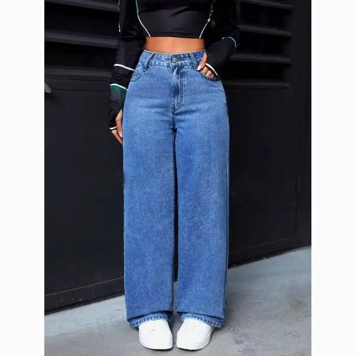 Jean droit taille haute couleur unie pour femme