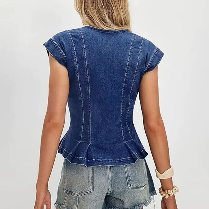 Gilet en jean décontracté pour femmes à col en V sans manches boutonné avec volants, extensible et confortable pour les saisons chaudes, occasions spéciales et tenues quotidiennes