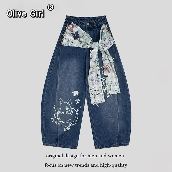 Olivegirl Denim jean américain rétro Graffiti écharpe bretelles pantalon jambe large Hiphop lapin