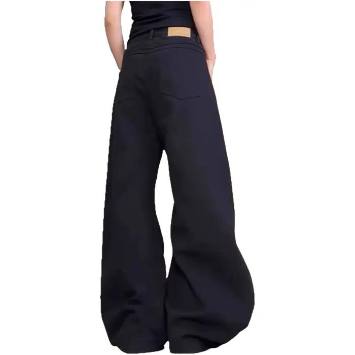 Jean en denim noir drapé taille basse coupe ample jambe large amincissant pour femme – Nouvelle collection
