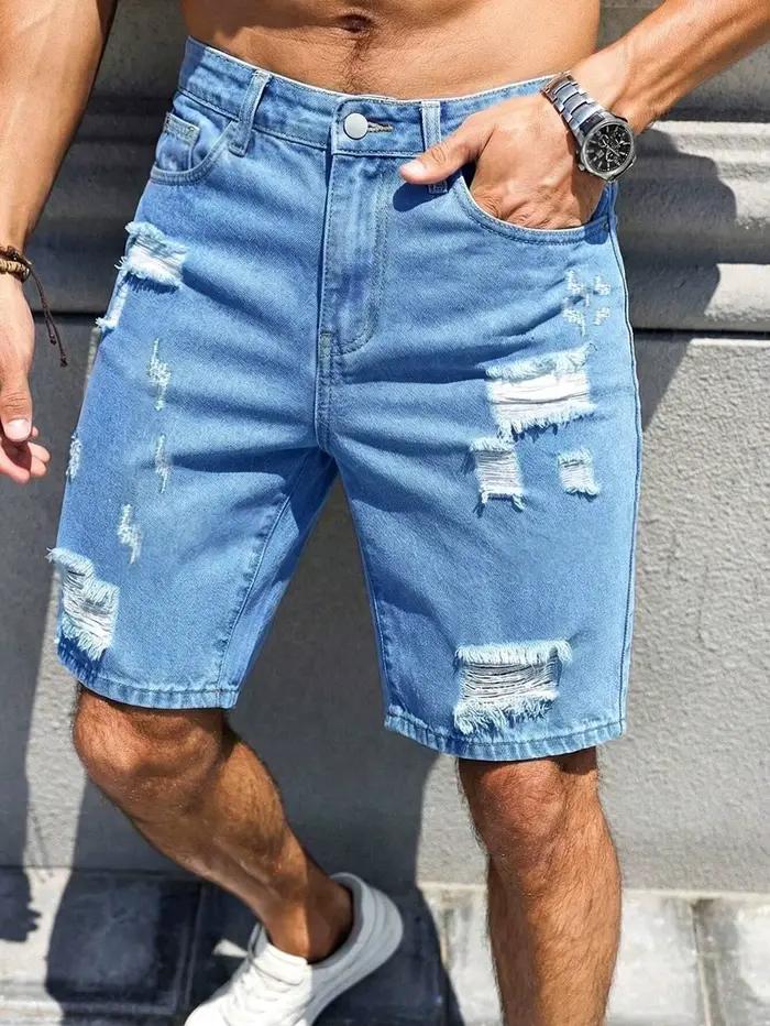 Shorts en jean délavé bleu clair pour homme, coupe slim droite, décontractés, longueur genou, pour l'été, occasions décontractées et vacances
