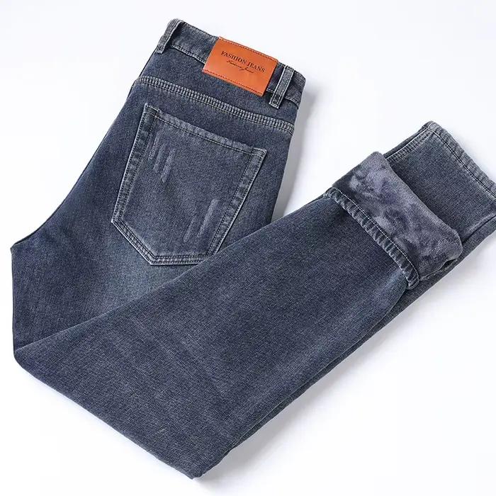 2025 hiver polaire jean hommes mode élastique mince droit chaud pantalon épaissir affaires décontracté coréen thermique