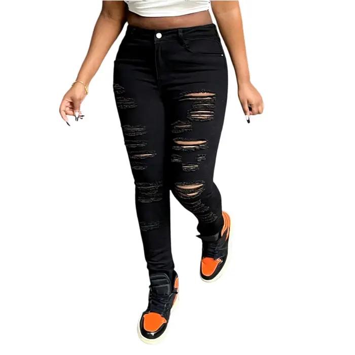 Jean déchiré noir pour femmes, pantalon crayon en Denim taille haute, extensible, Slim, lavable en machine, pour bureau, soirées, et toutes les saisons