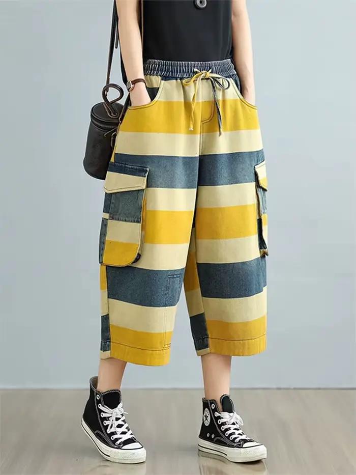 Amax LuluE 2025 été dames mode rayé jean bohême femmes Patchwork taille élastique Denim pantalon décontracté jambe large