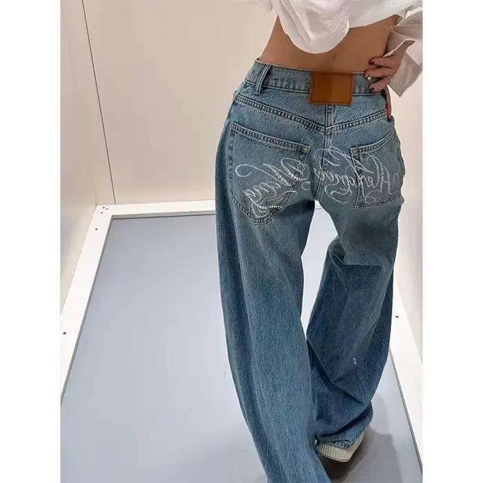Jean bleu dégradé pour femmes, style Y2K, vintage, taille haute, ample, pantalon en denim, printemps 2025, streetwear, jambes larges