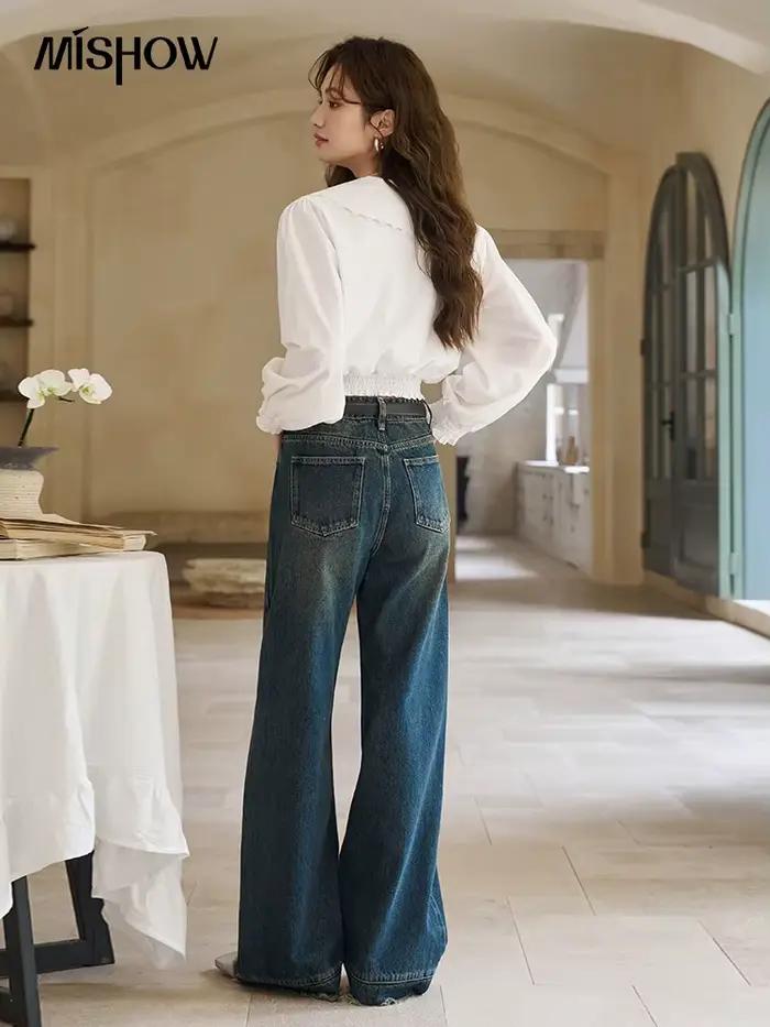 MISHOW américain rétro jambe large jean printemps taille haute mince coton élastique Denim pantalon droit ourlet glands