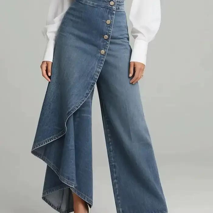 Pantalon en jean asymétrique à volants taille haute pour femme