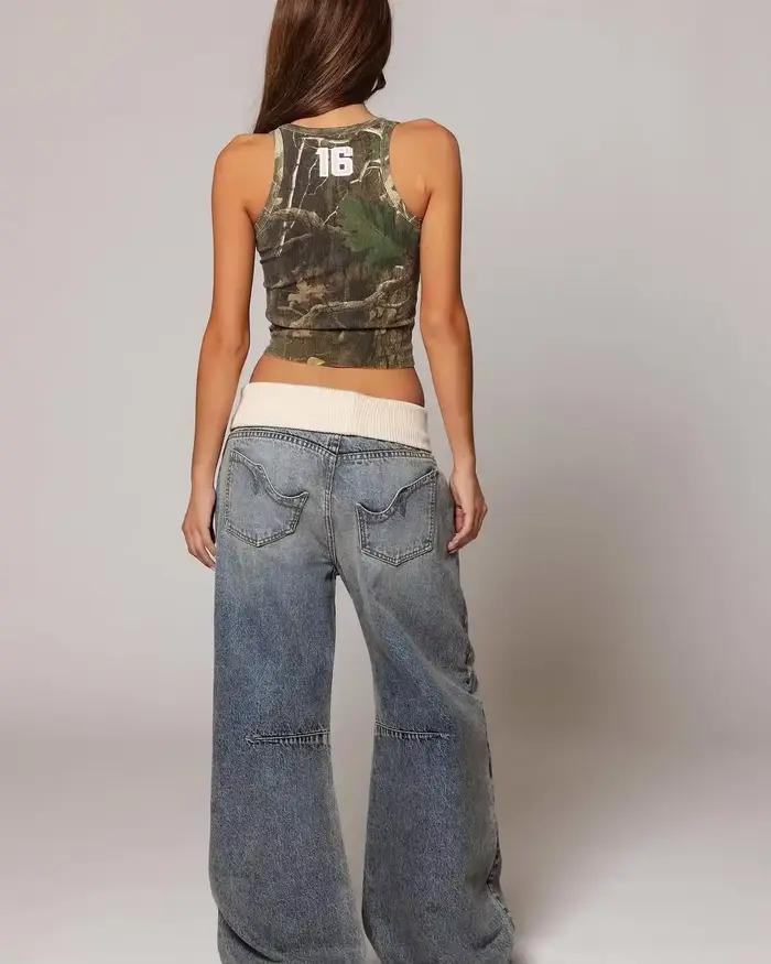 Y2K style coréen à la mode polyvalent rétro patchwork design jean Harajuku femmes décontracté ample jambe droite pantalon à jambes larges