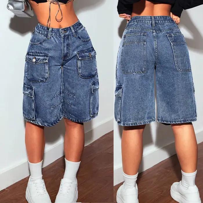 Shorts femmes genou longueur Cargo jean plusieurs poches taille haute lavé en détresse Streetwear 2025 été Denims pantalons courts