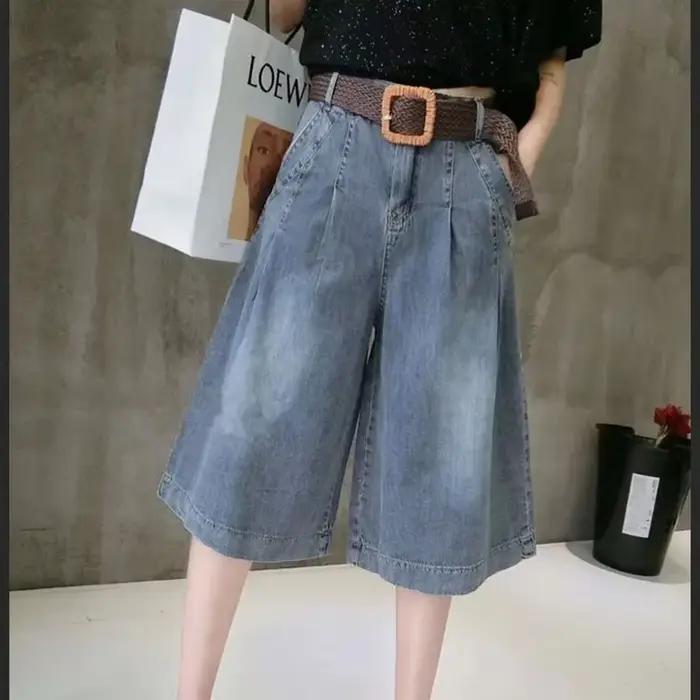 Pantalon Jean Midi Bleu pour Femme