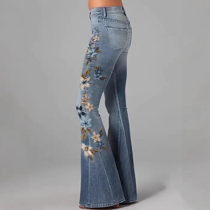 Pantalon évasé en jean imprimé 3D pour femme