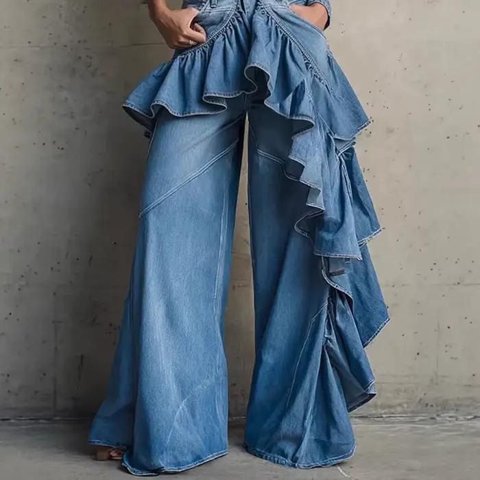 Jean large bleu à volants pour femme