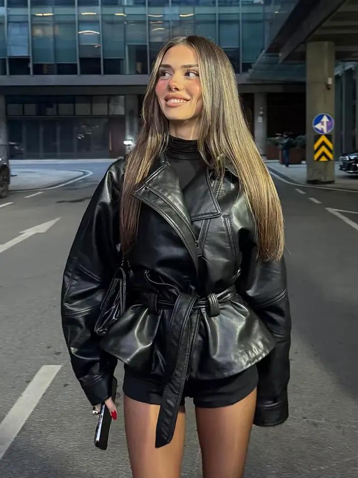 HH femmes mode noir court Faux cuir Trench manteau à manches longues revers veste avec ceinture Vintage dame moto