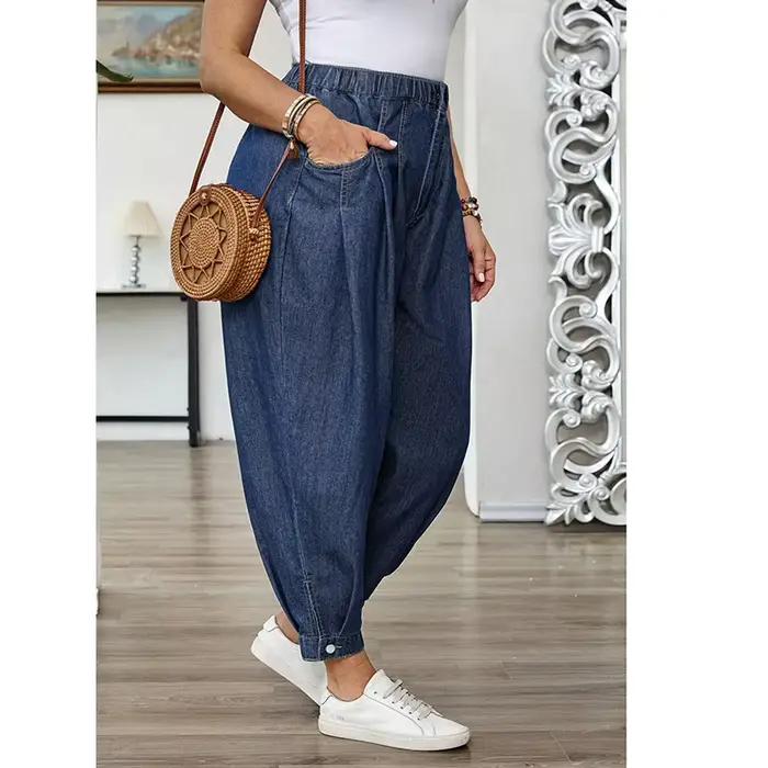 Benuynffy – Jean Lanterne Bleu Délavé Vintage Grande Taille pour Femme