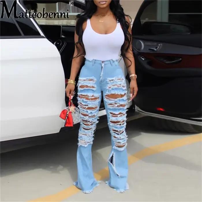 Jeans déchirés femmes Matteobenni style vintage coupe évasée élastique pour automne hiver occassions variées