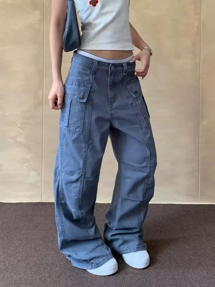 2025 Cyber Y2K mode bleu Baggy plissé Cargo jean pantalon pour femmes vêtements droit coréen décontracté pantalons longs Ropa Mujer
