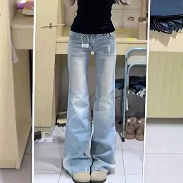 Jean évasé vintage bleu clair pour femme style Y2K avec dentelle coupe botte et cloche pour streetwear et occasions décontractées