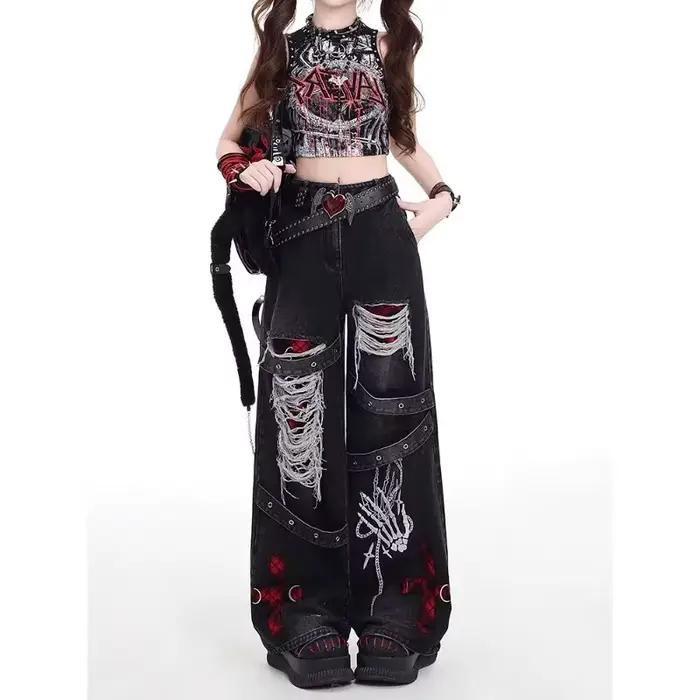 Style américain épicé fille lâche paresseux et détendu denim pantalon femme punk rétro lavé à la mode polyvalent pantalons décontractés