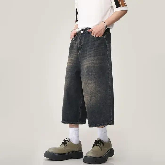 Été hommes Capri jean court homme mode rétro bleu Denim mi pantalon coréen décontracté Baggy droit jambe large mollet