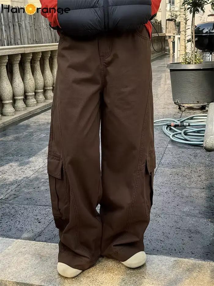 Début du printemps rétro marine noir grande poche incurvée jean femmes ample jambe large pantalon vert/café