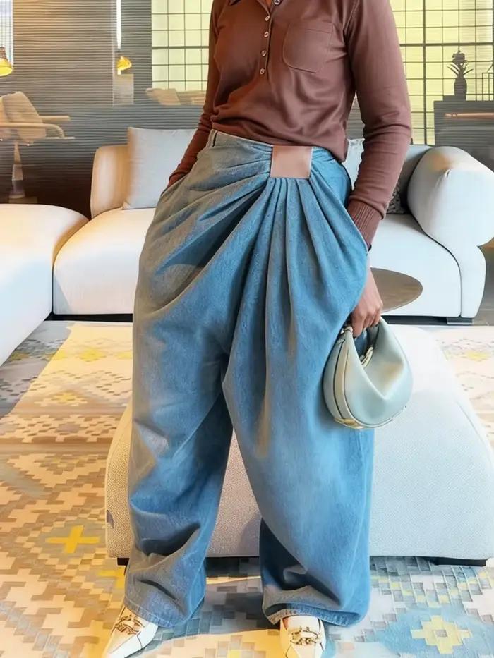 SHENGPALAE Jean large asymétrique en PU style européen et américain avec ceinture à nouer pour femme