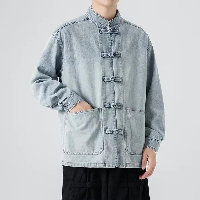 Veste en jean hommes style vintage décontracté avec col roulé pour printemps automne occasions décontractées