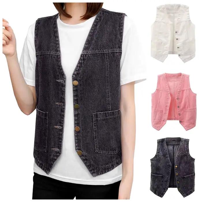 Rose femmes mode avant bouton Denim gilet sans manches