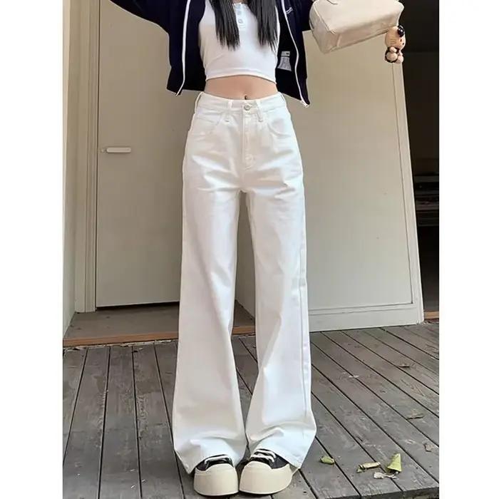 Jean blanc taille haute ZHIO pour femme – Nouveau pantalon en denim ample et droit