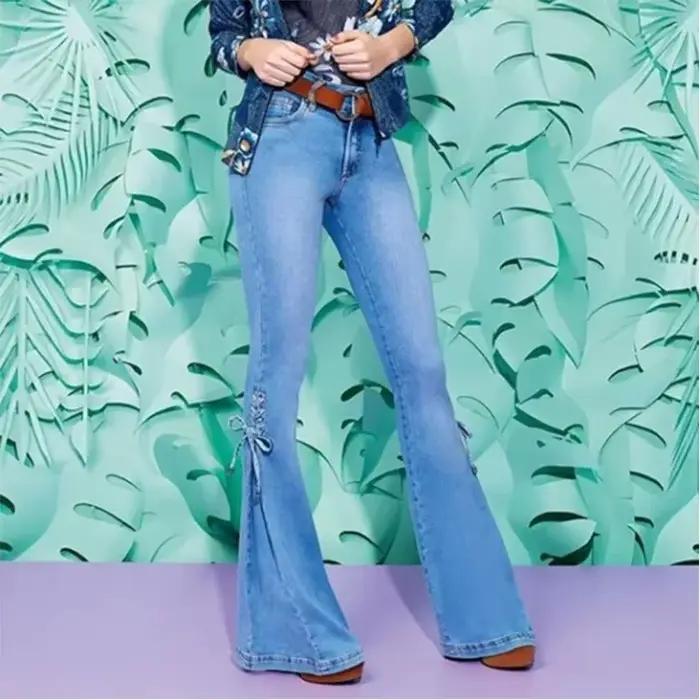 Pantalon évasé pour femmes Vintage jean à lacets extensible taille moyenne maigre en détresse lavé 2025 Streetwear