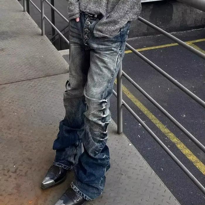 Jeans à boutons Printemps 2026 Nouveau design de pantalon long polyvalent simple bleu slim