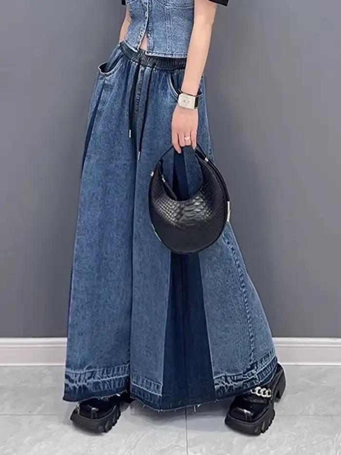 [EAM] taille haute bleu Denim plissé longue jambe large jean nouveau lâche femmes pantalon mode marée printemps automne 2026 1DH0520