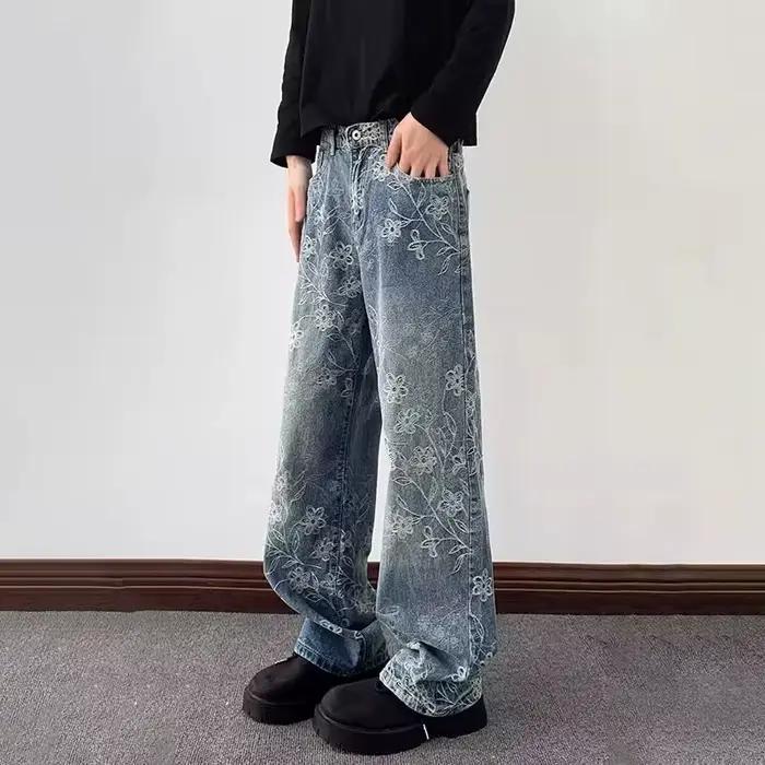 Jean Baggy brodé Jacquard à fleurs pour hommes