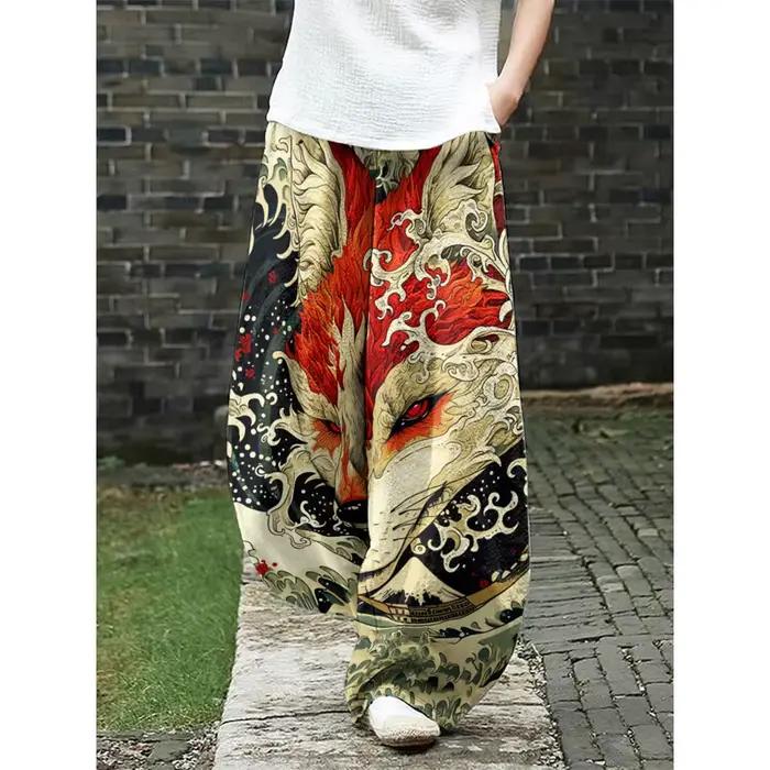 Pantalon à jambes larges imprimé renard prune Harajuku pour femme