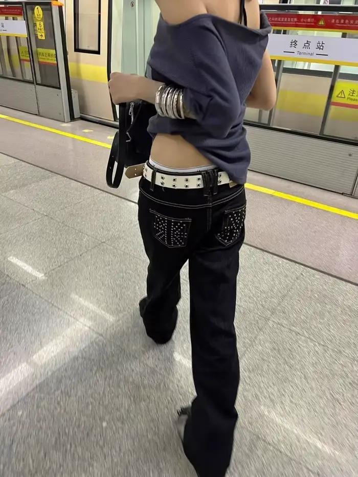 Deeptown Vintage strass femmes jean Y2k Harajuku taille basse Style américain pantalon en Denim droit Baggy Grunge Gyaru rue