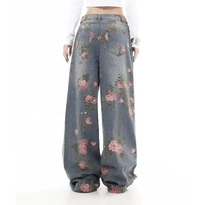 Jean Baggy à fleurs bleues pour femmes Y2K