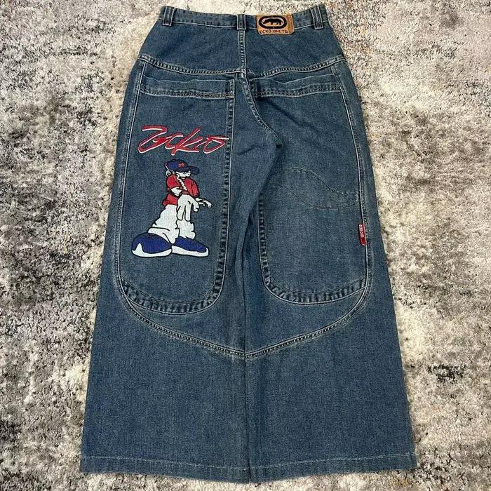 Jean Baggy à jambes larges avec broderie de dessin animé et poches imprimées graphiques – Y2K rétro Streetwear mode pour femmes