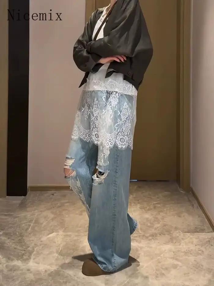 Nicemix été américain ample décontracté dentelle Patchwork déchiré jean pour femmes épicé fille rétro lavé taille haute jambe large pantalon