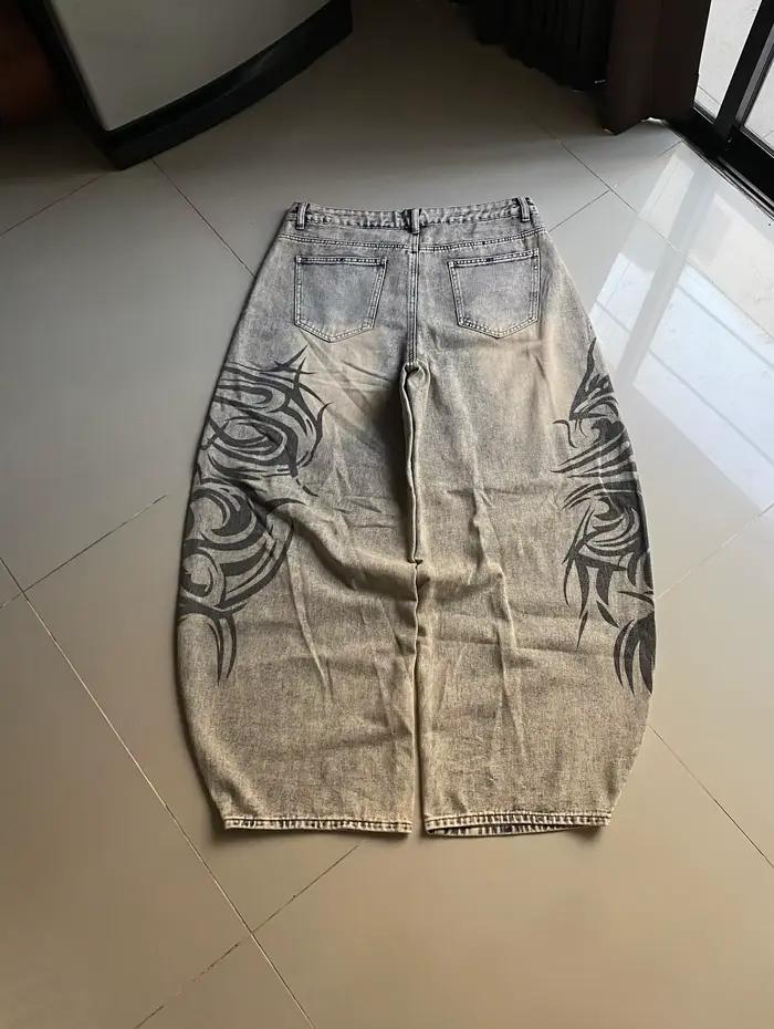 Jean ample gris imprimé style rétro américain Y2K