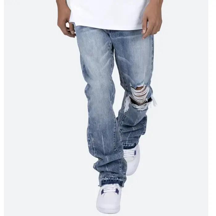 Jean bleu délavé à trous de couleur contrastée pour hommes