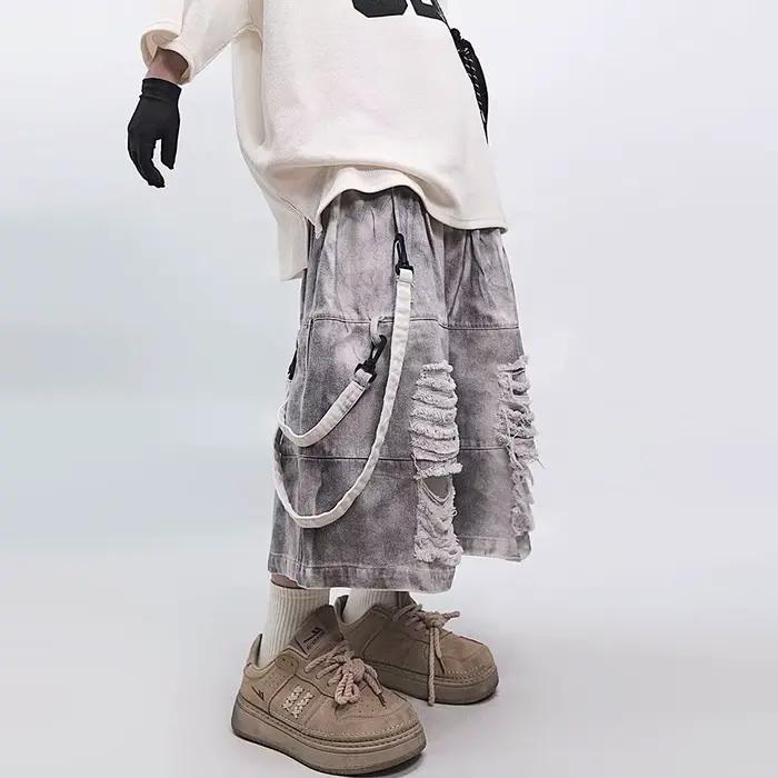 ARENS déchiré trou Denim Shorts hommes Streetwear Hip Hop genou longueur pantalon Harajuku Vintage Baggy décontracté jambe large jean court mâle