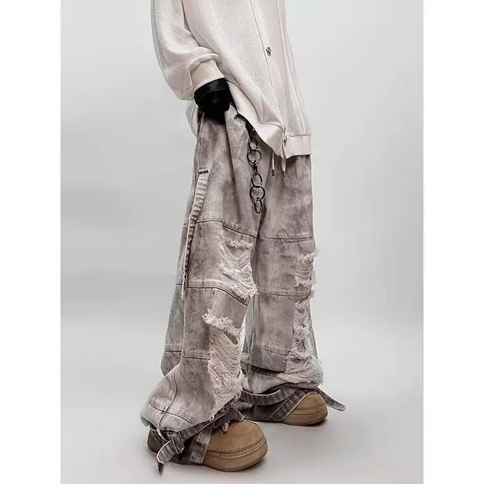 Jean gris déchiré taille haute pour hommes