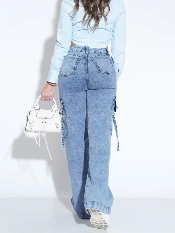 Jean utilitaire délavé pour femme avec plusieurs poches – Pantalon