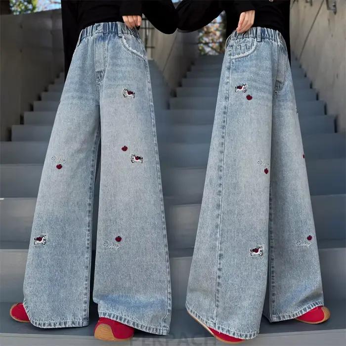 Nouveau Jean Brodé Bleu Décontracté à Jambes Larges pour Enfants Filles, Collection Printemps-Automne 2026, Pantalon en Denim Tendance pour Filles de 5 à 14 Ans