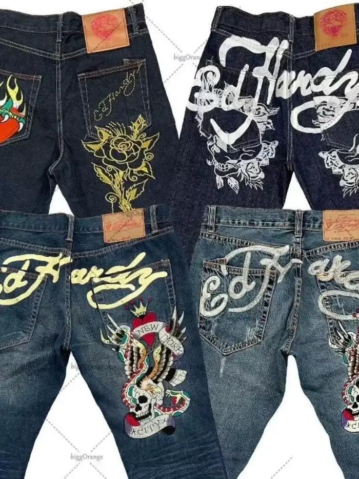Jean pour hommes Streetwear Y2K Vintage jambe droite Denim pantalon crâne Rose flamme impression conception coupe ample rétro Punk Hip Hop mode
