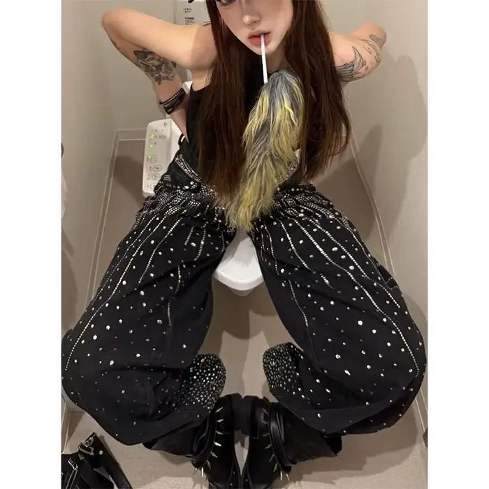 Femmes noir Goth Y2k Emo jean Harajuku Vintage Baggy Denim pantalon japonais années 2000 Style Grunge strass